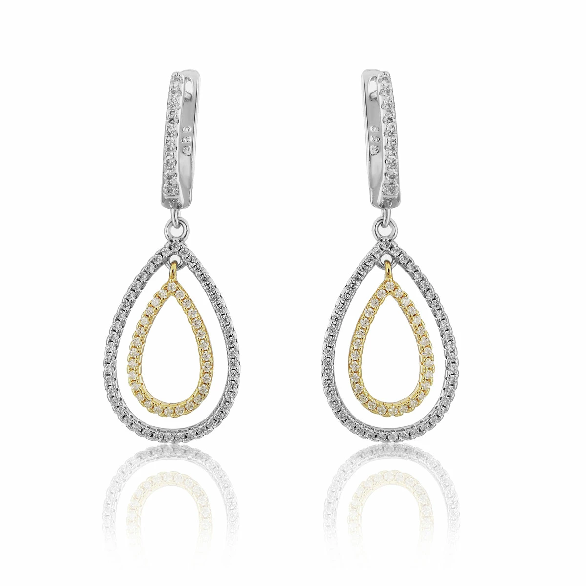 Cashs Crystal Cashs Ireland, Teardrop Sterling Silver And Gold Pave Pierced Earrings 1 Cashs Crystal Cashs Ireland, Teardrop Sterling Silver And Gold Pave Pierced Earrings