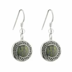 Cashs Crystal Cashs Ireland, Sterling Silver And Connemara Marble Round Celtic Drop Earrings Pair