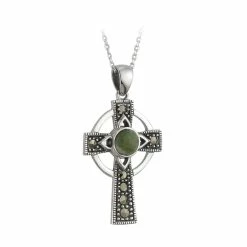 Cashs Crystal Cashs Ireland, Sterling Silver Cross With Round Connemara Marble Pendant Necklace